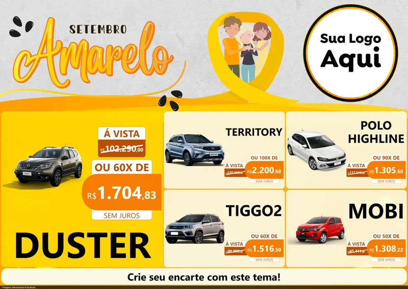 Modelo de Encarte para Encarte A4 Horizontal com o tema Setembro Amarelo para Concessionaria de Carros