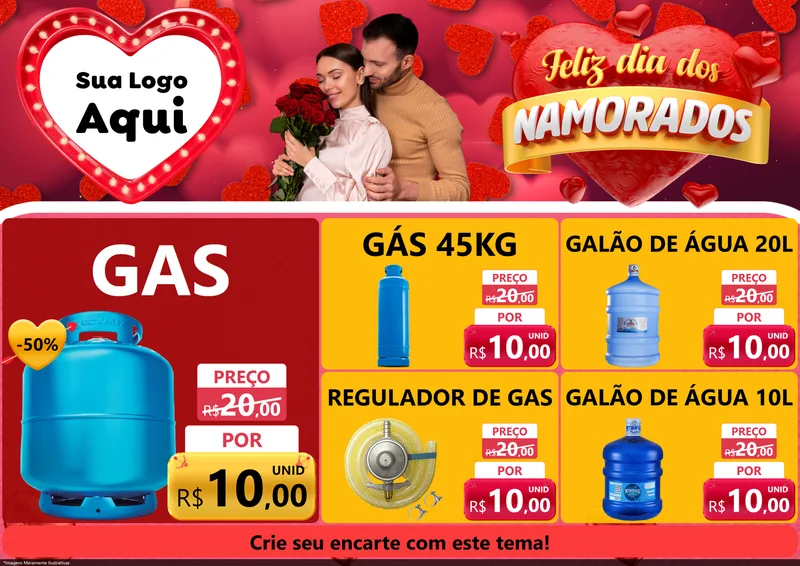 Modelo de Encarte para Encarte A4 Horizontal com o tema Feliz Dia Dos Namorados para Água e gás