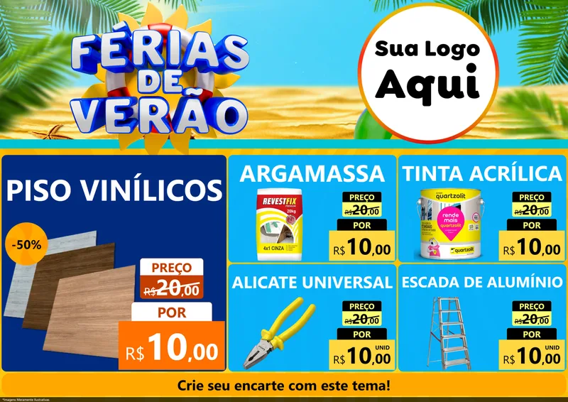 Modelo de Encarte para Encarte A4 Horizontal com o tema Férias de Verão para Material para Construção