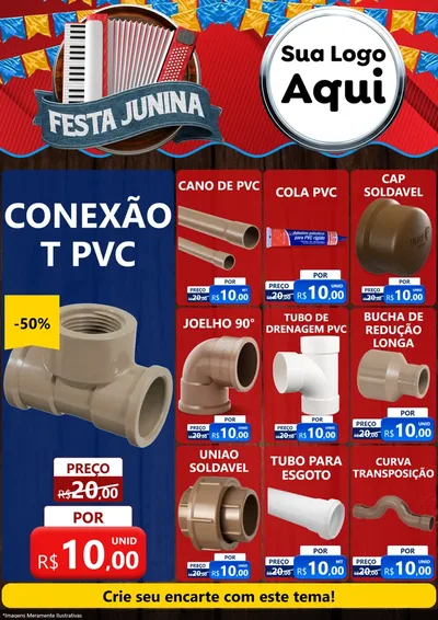 Modelo de Encarte para Encarte A4 Vertical com o tema Festa Junina para Tubos e conexões
