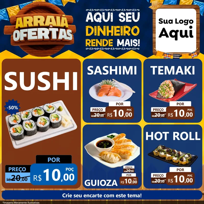 Modelo de Rede Social para Feed Facebook com o tema Arraiá de Ofertas - Junina para Comida japonesa