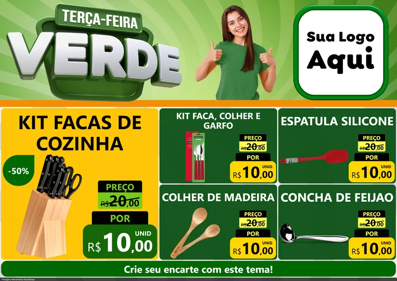 Modelo de Encarte para Encarte A4 Horizontal com o tema Terça - Feira Verde para Utilidades Domésticas