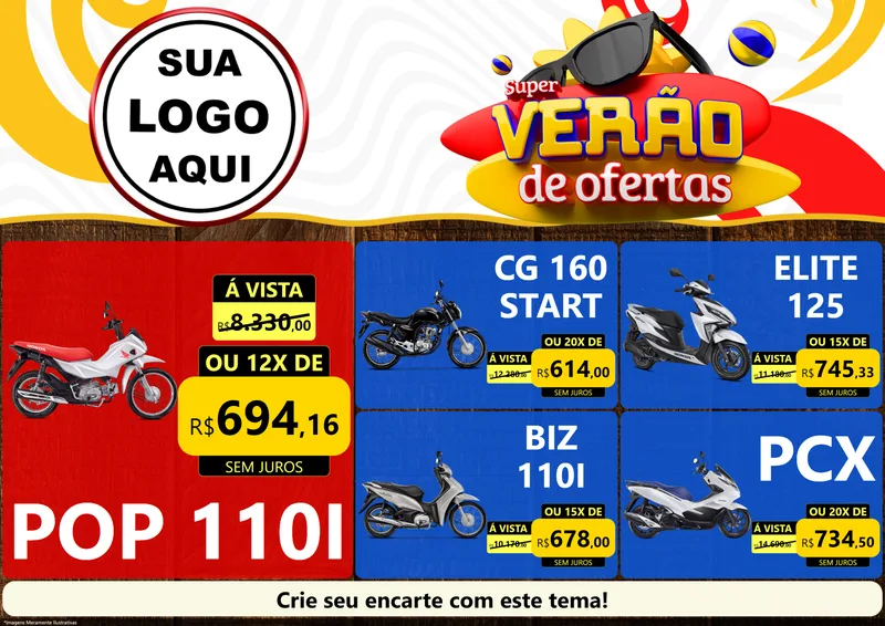 Modelo de Encarte para Encarte A4 Horizontal com o tema Super Verão de Ofertas para Concessionaria de Motos
