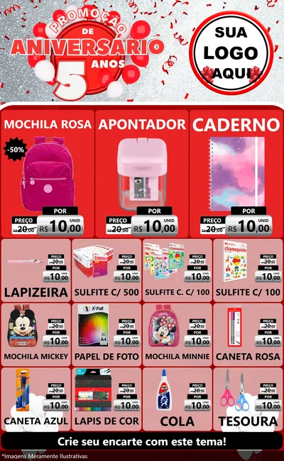 Modelo de Encarte para Encarte Grande com o tema Promoção de Aniversário - 5 Anos para Papelaria