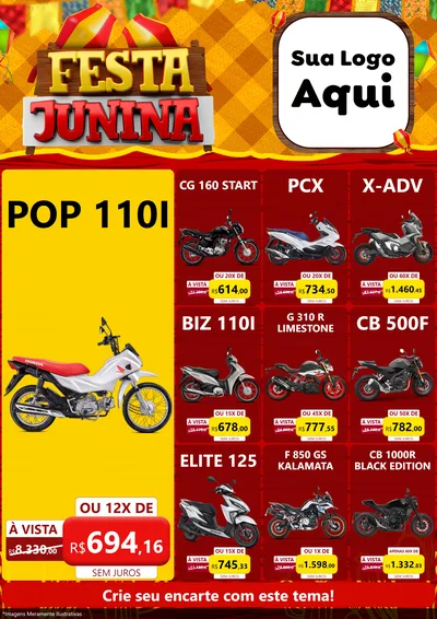 Modelo de Encarte para Encarte A4 Vertical com o tema Festa Junina para Concessionaria de Motos