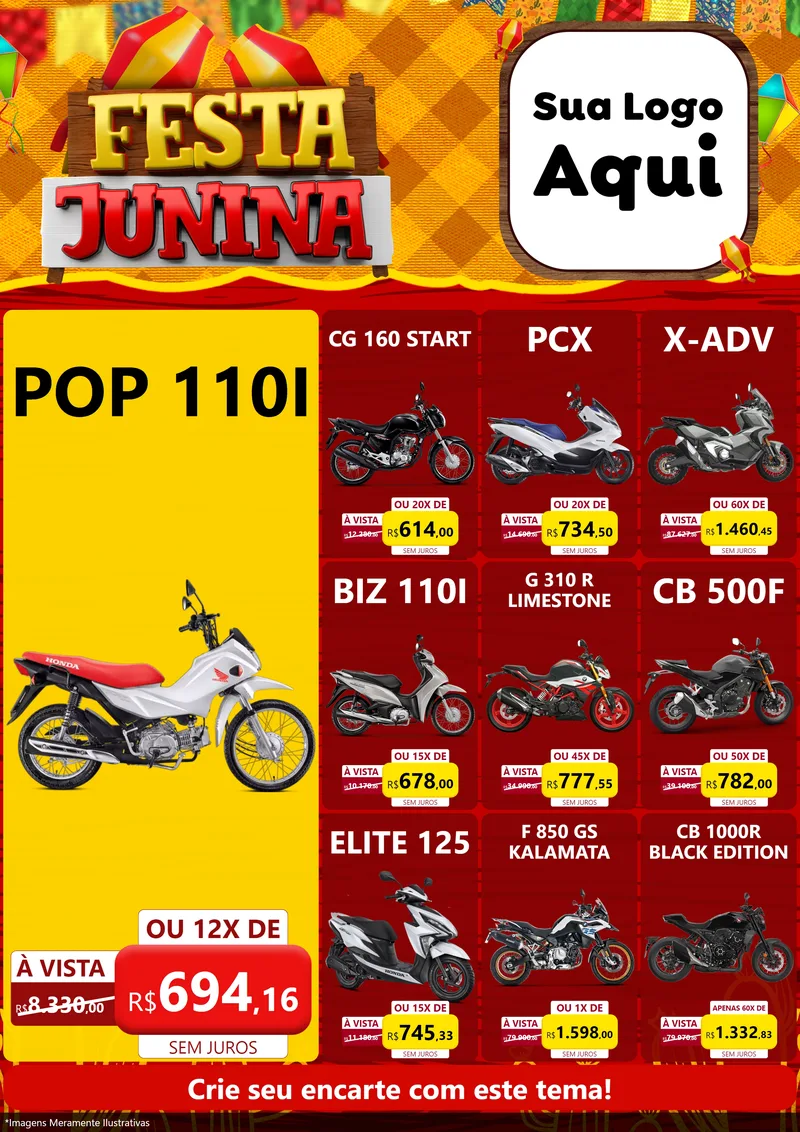 Modelo de Encarte para Encarte A4 Vertical com o tema Festa Junina para Concessionaria de Motos