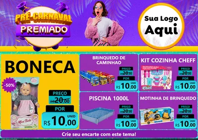 Modelo de Encarte para Encarte A4 Horizontal com o tema Pré-Carnaval Premiado para Brinquedos