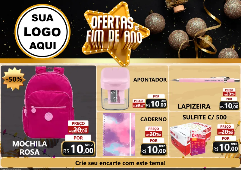 Modelo de Encarte para Encarte A4 Horizontal com o tema Ofertas de Fim de Ano para Papelaria