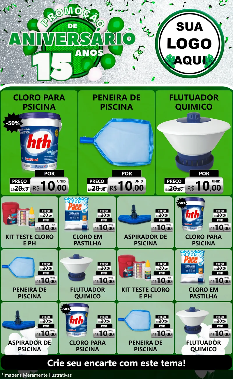 Modelo de Encarte para Encarte Grande com o tema Promoção de Aniversário - 15 Anos para Produtos para Piscina