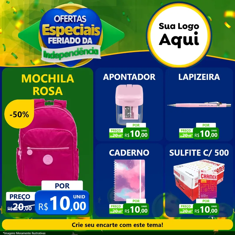 Modelo de Rede Social para Feed Facebook com o tema Ofertas Especiais Feriado da Independência para Papelaria