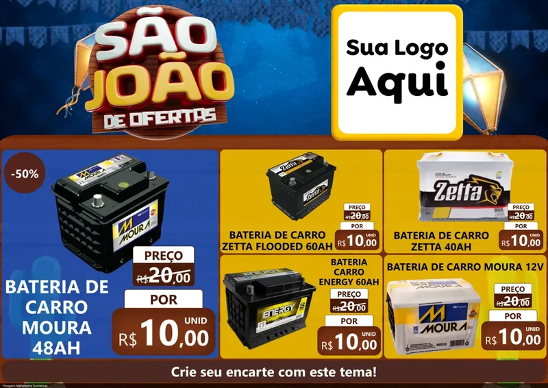 Modelo de Encarte para Encarte A4 Horizontal com o tema São João Ofertas Imbatíveis! - Junina para Baterias Elétricas
