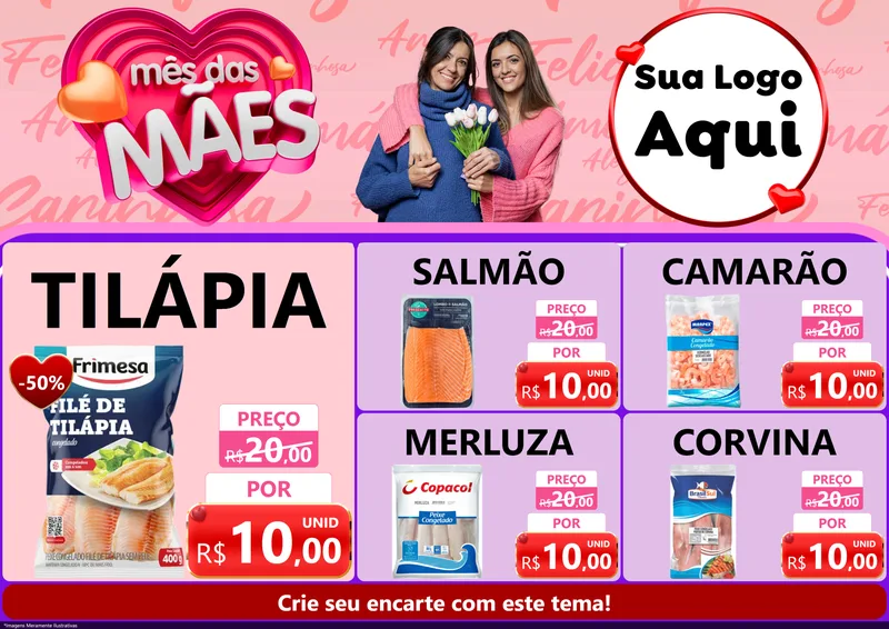 Modelo de Encarte para Encarte A4 Horizontal com o tema Mês Das Mães para Peixaria