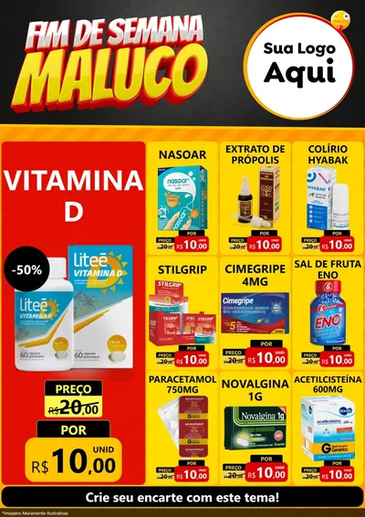 Modelo de Encarte para Encarte A4 Vertical com o tema Final de Semana Maluco para Farmácia
