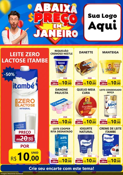 Modelo de Encarte para Encarte A4 Vertical com o tema Abaixa Preço em Janeiro para Frios e Laticínios
