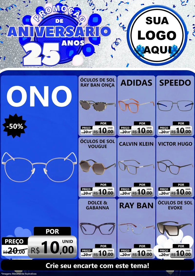 Modelo de Encarte para Encarte A4 Vertical com o tema Promoção de Aniversário - 25 Anos para Óticas