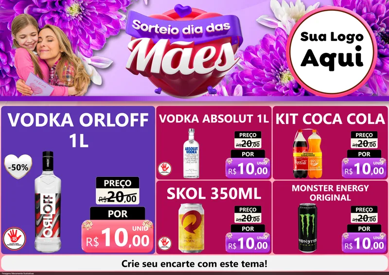 Modelo de Encarte para Encarte A4 Horizontal com o tema Sorteio Dia das Mães para Distribuidora de bebidas