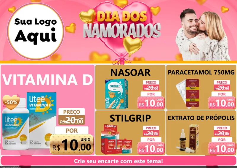 Modelo de Encarte para Encarte A4 Horizontal com o tema Dia dos Namorados para Farmácia