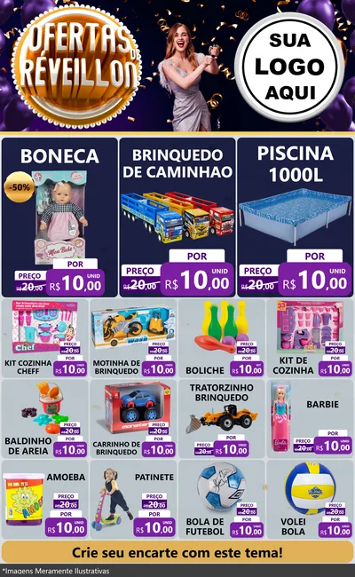 Modelo de Encarte para Encarte Grande com o tema Ofertas de Réveillon para Brinquedos