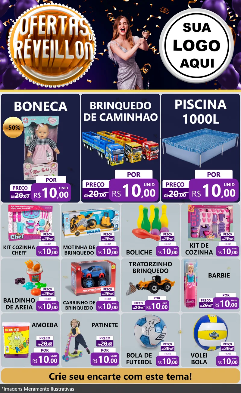 Modelo de Encarte para Encarte Grande com o tema Ofertas de Réveillon para Brinquedos