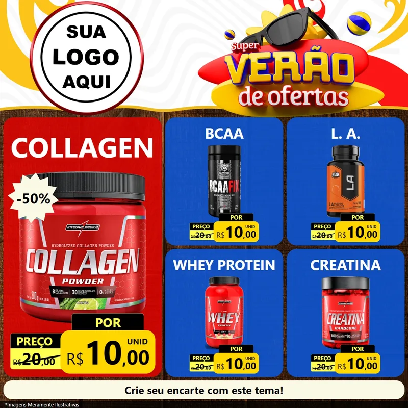 Modelo de Rede Social para Feed Facebook com o tema Super Verão de Ofertas para Suplementos alimentares