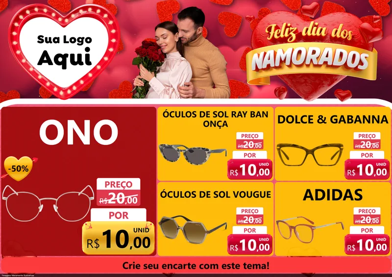 Modelo de Encarte para Encarte A4 Horizontal com o tema Feliz Dia Dos Namorados para Óticas