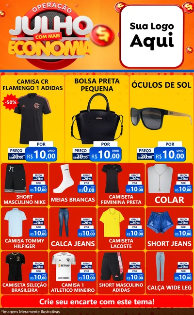 Modelo de Encarte para Encarte Grande com o tema Operação Julho Com Mais Economia para Roupas e acessórios