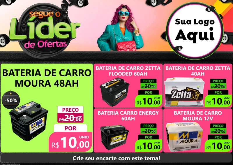 Modelo de Encarte para Encarte A4 Horizontal com o tema Segue o Líder de Ofertas para Baterias Elétricas