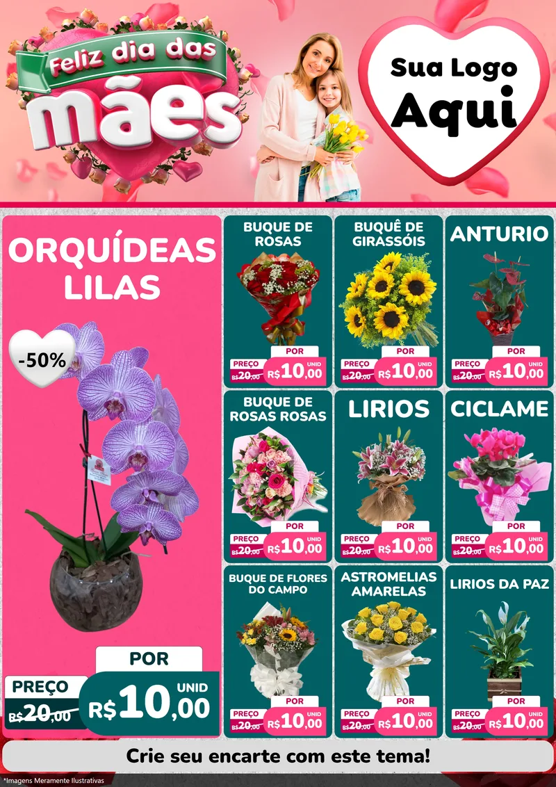 Modelo de Encarte para Encarte A4 Vertical com o tema Feliz Dia das Mães para Floricultura e jardim