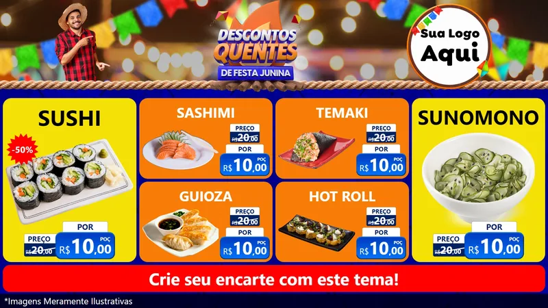 Modelo de TV para TV Horizontal com o tema Descontos Quentes de Festa Junina para Comida japonesa