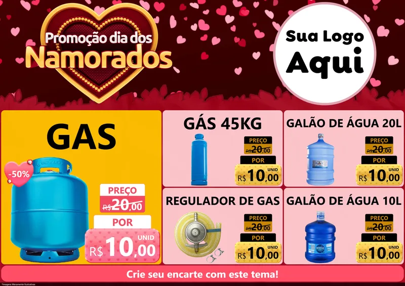 Modelo de Encarte para Encarte A4 Horizontal com o tema Promoção Dia Dos Namorados para Água e gás