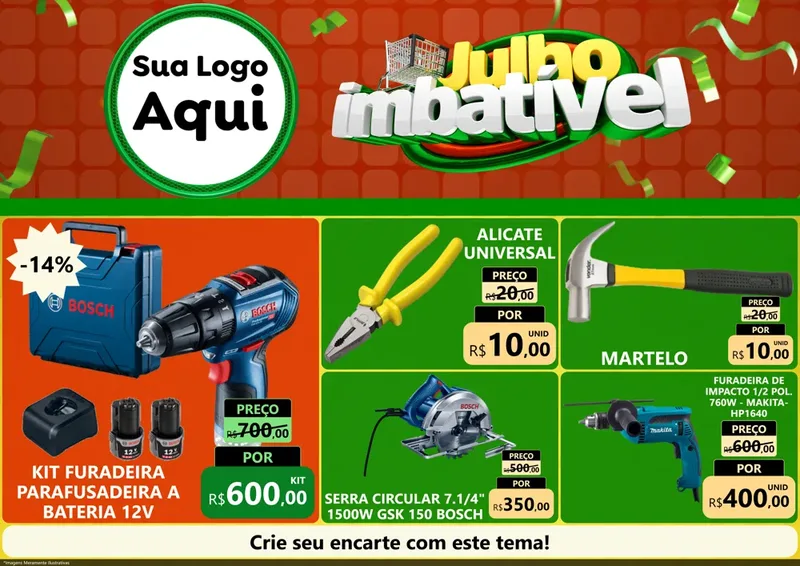 Modelo de Encarte para Encarte A4 Horizontal com o tema Julho Imbatível para Maquinas e Ferramentas