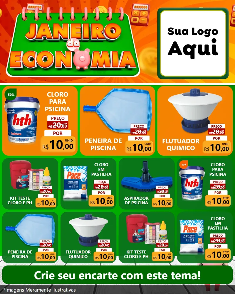 Modelo de Rede Social para Feed Instagram com o tema Janeiro da Economia para Produtos para Piscina