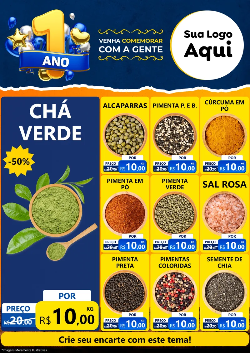 Modelo de Encarte para Encarte A4 Vertical com o tema Um Ano de Aniversário para Produtos Naturais