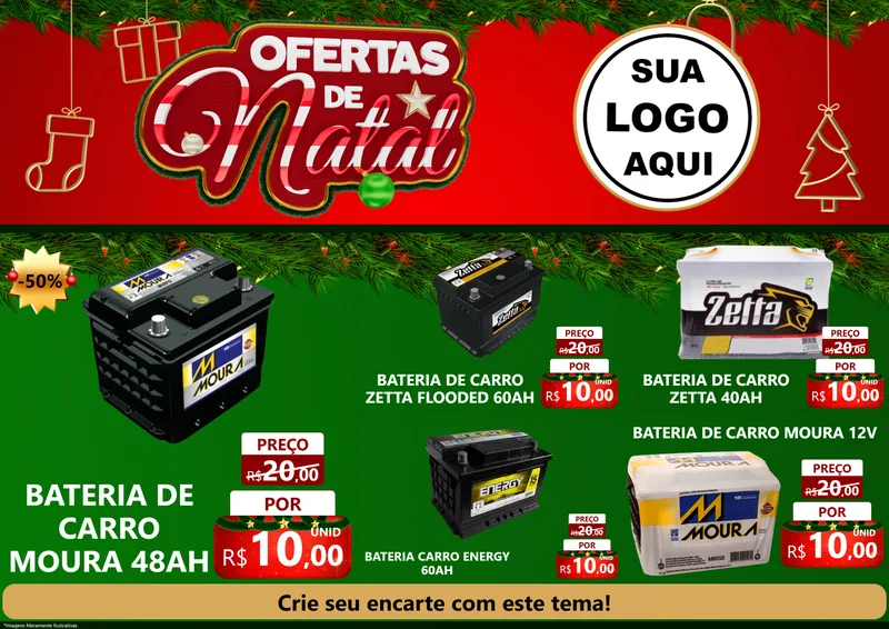 Modelo de Encarte para Encarte A4 Horizontal com o tema Ofertas de Natal para Baterias Elétricas