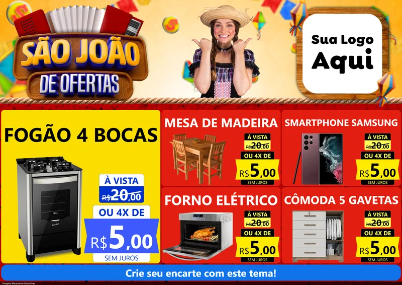 Modelo de Encarte para Encarte A4 Horizontal com o tema São João de Ofertas para Móveis e Eletro