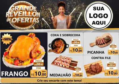Modelo de Encarte para Encarte A4 Horizontal com o tema Grande Réveillon de Ofertas para Assados