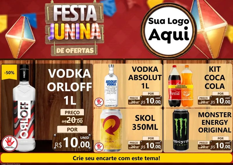 Modelo de Encarte para Encarte A4 Horizontal com o tema Festa Junina de Ofertas para Distribuidora de bebidas