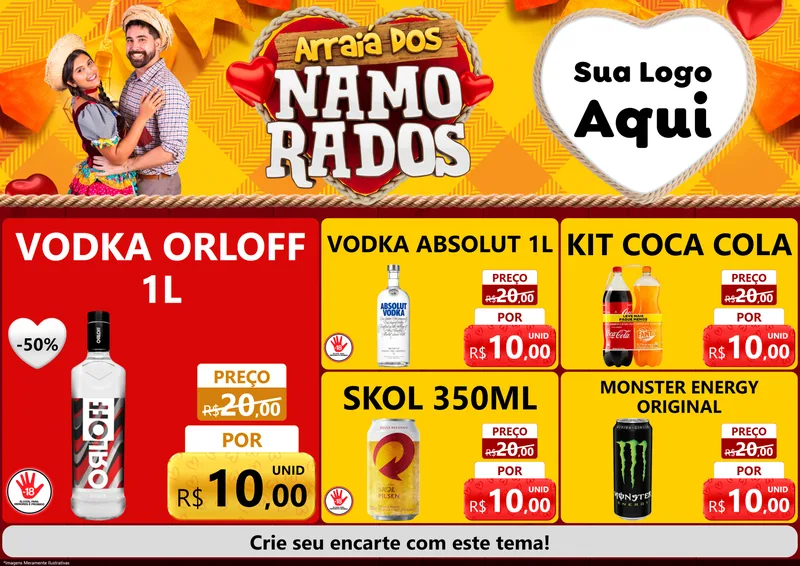 Modelo de Encarte para Encarte A4 Horizontal com o tema Arraiá dos Namorados para Distribuidora de bebidas