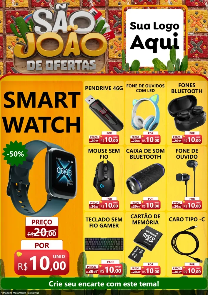 Modelo de Encarte para Encarte A4 Vertical com o tema São João de Muitas Ofertas - Junina para Informática