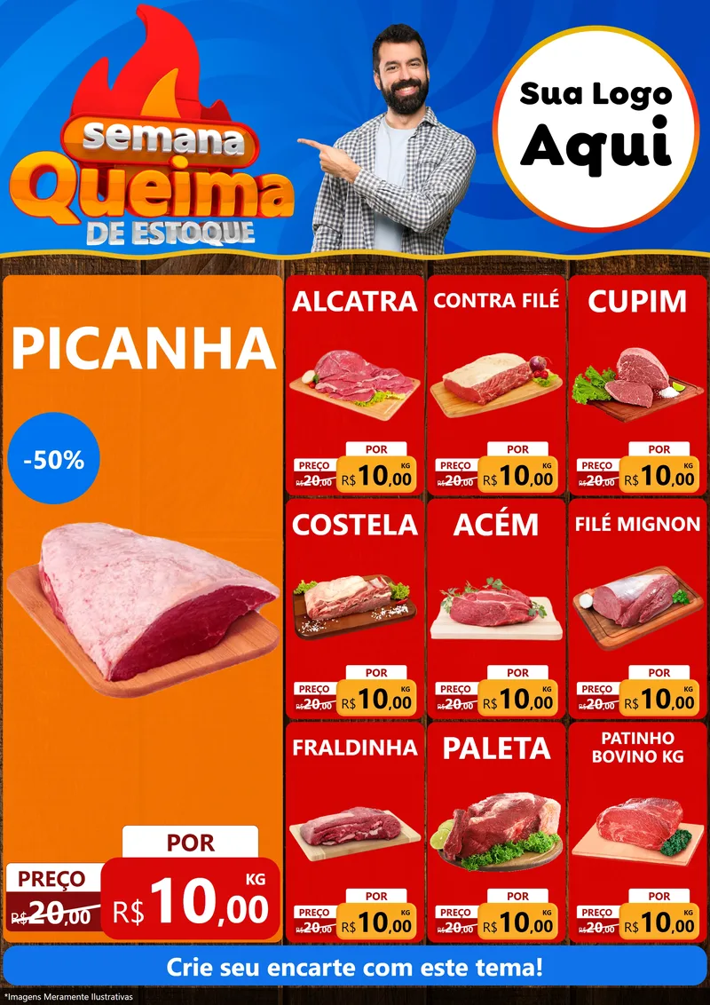 Modelo de Encarte para Encarte A4 Vertical com o tema Semana Queima de Estoque para Açougue