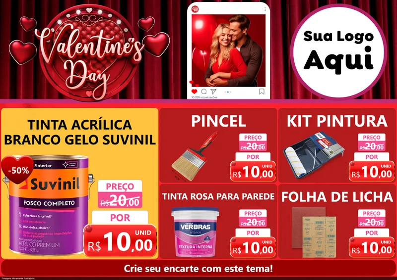 Modelo de Encarte para Encarte A4 Horizontal com o tema Valentine's Day para Tintas e Ferramentas
