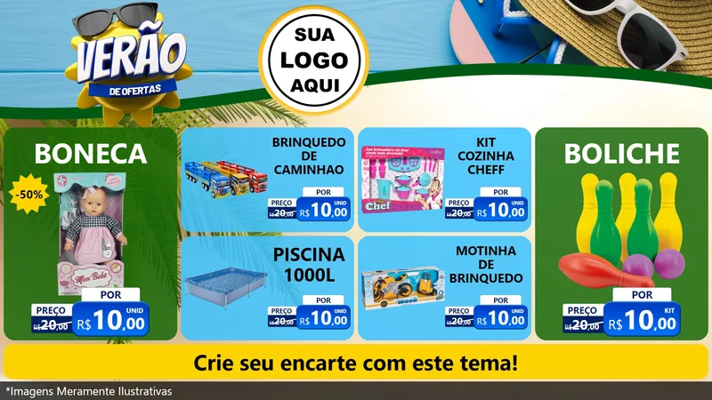 Modelo de TV para TV Horizontal com o tema Verão de Ofertas para Brinquedos