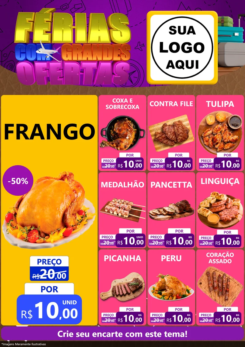 Modelo de Encarte para Encarte A4 Vertical com o tema Férias com Grandes Ofertas para Assados