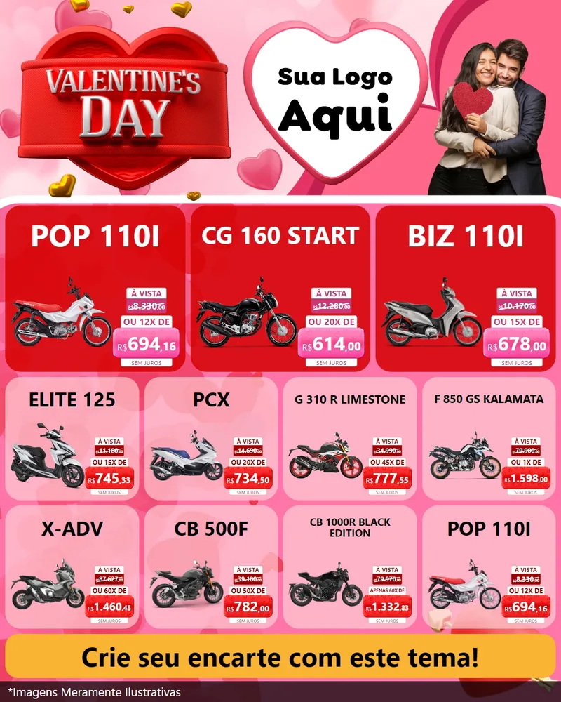 Modelo de Rede Social para Feed Instagram com o tema Valentine's Day para Concessionaria de Motos