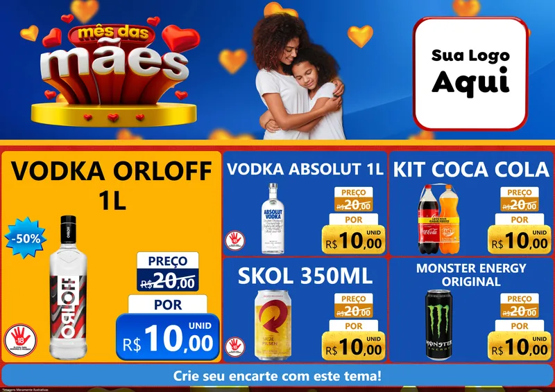 Modelo de Encarte para Encarte A4 Horizontal com o tema Mês das Mães para Distribuidora de bebidas