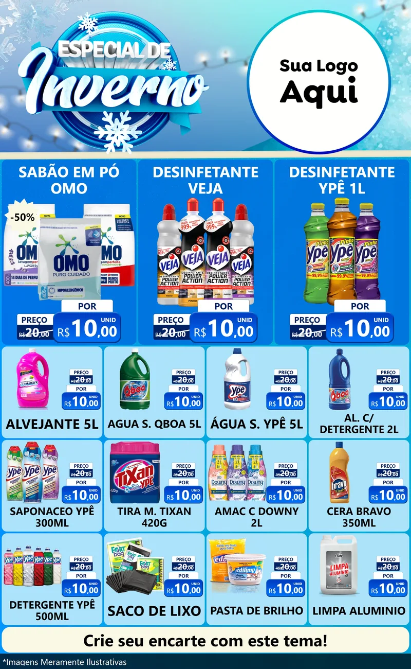 Modelo de Encarte para Encarte Grande com o tema Especial de Inverno para Produtos de Limpeza