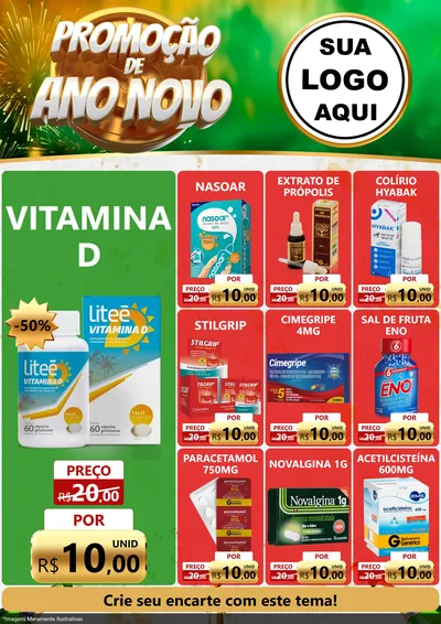 Modelo de Encarte para Encarte A4 Vertical com o tema Promoção de Ano Novo para Farmácia