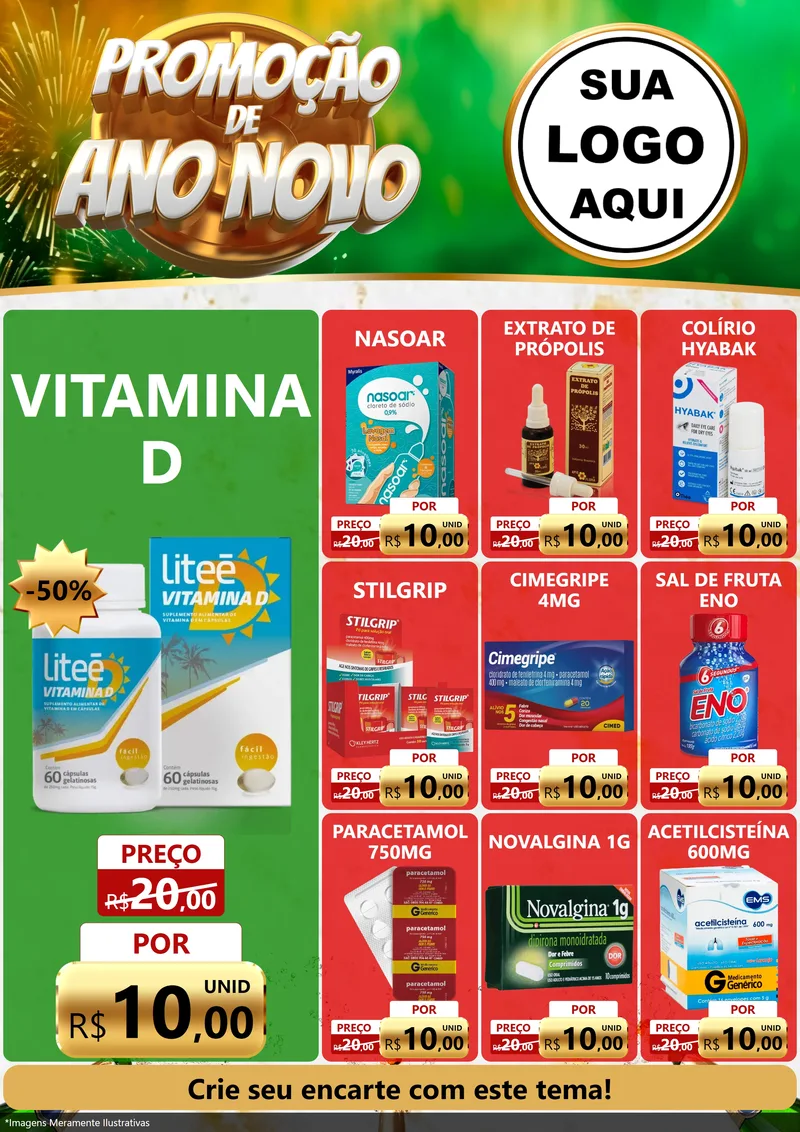 Modelo de Encarte para Encarte A4 Vertical com o tema Promoção de Ano Novo para Farmácia