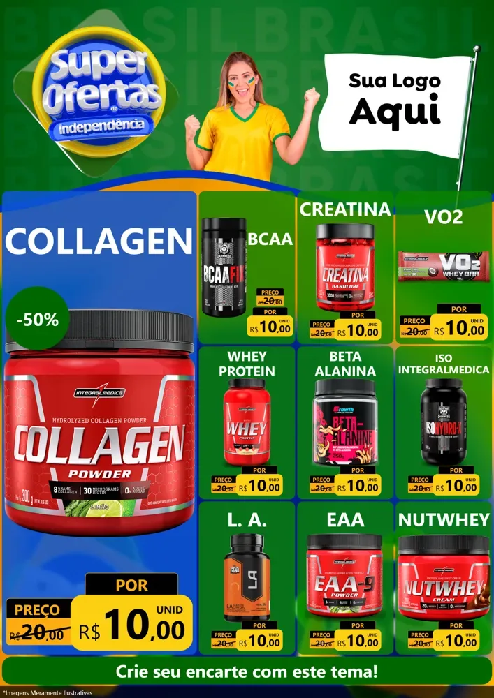Modelo de Encarte para Encarte A4 Vertical com o tema Super Ofertas de Independência para Suplementos alimentares