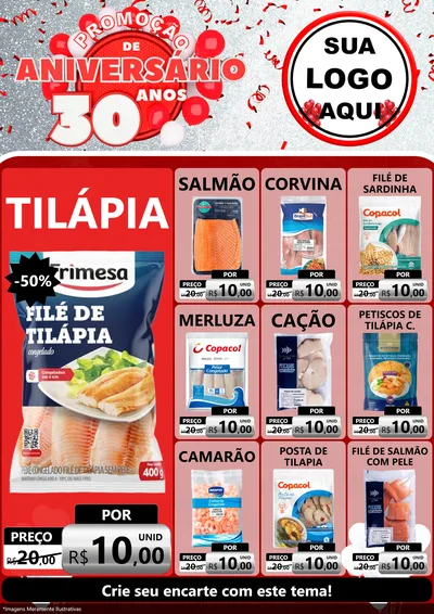 Modelo de Encarte para Encarte A4 Vertical com o tema Promoção de Aniversário - 30 Anos para Peixaria